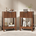 Night Stand Set 2, Fluted Nightstand with Charging Station, Wood Bedside Table with Drawer & Storage Shelf, Modern End Tables for Bedroom Sofa Couch Office, Walnut