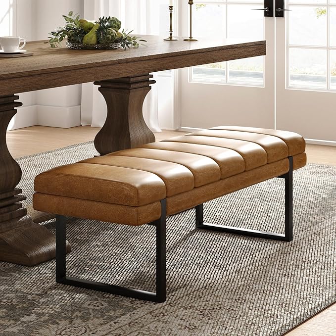 HULALA HOME 53" Faux Leather Entryway Bench, Button Tufted End of Bed Bench Ottoman for Bedroom, Living Room with Metal Base,Camel