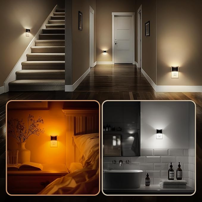 DORESshop LED Night Light[2 Pack], Night Lights Plug into Wall, Plug in Night Light with 3 Color Temperatures, Dusk to Dawn Sensor, Nightlights for Adults, Bedroom, Bathroom, Hallway, Black