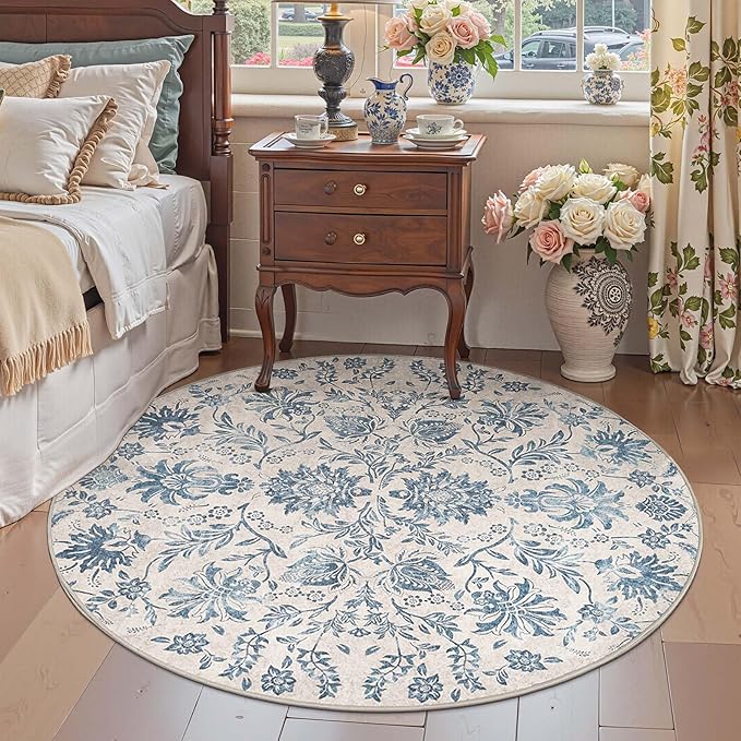jinchan Torino Classic Floral Round Rug 6ft, Vintage-Inspired Design 6’Circle Rug, Machine Washable Ultra-Thin Low-Pile Non-Slip Indoor Carpet for Bedroom Dining Room Living Room Entryway, Dark Blue
