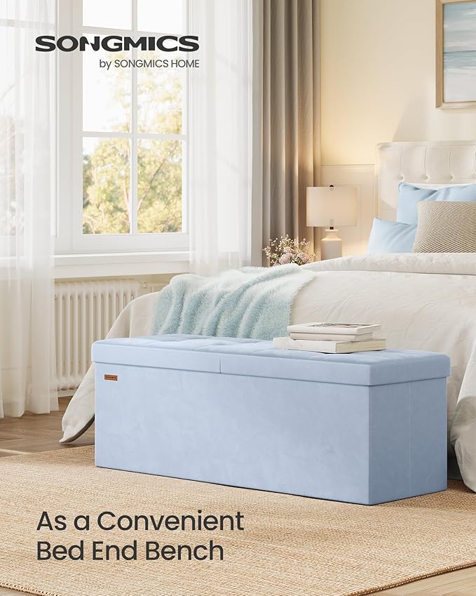 SONGMICS Mazie Collection - 43 Inches Storage Ottoman, Foldable Storage Bench with Flipping Lid, 660 lb Load Capacity, for Entryway, Living Room, Bedroom, Velvet Fabric, Pale Blue ULSF078QQ03