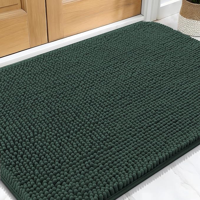 OLANLY Dog Door Mat for Muddy Paws 34x21, Absorbs Moisture and Dirt, Absorbent Non-Slip Washable Doormat, Quick Dry Chenille Mud Mat, Entry Indoor Entryway Carpet for Inside Floor, Blackish Green