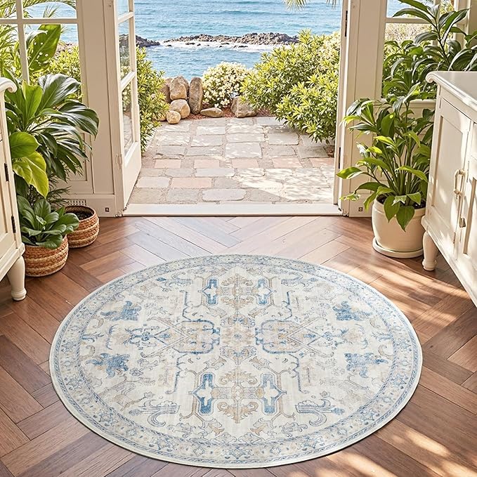 jinchan Round Rug 4ft Area Rug Indoor Vintage Floral Circle 4' Washable Ultra-Thin Low Pile Soft Small Non Slip Distressed Print for Living Room Dining Room Bedroom Entryway Blue