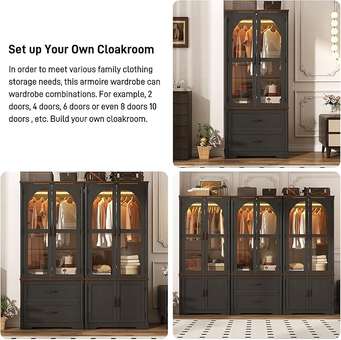 Tall Farmhouse 2 Doors Armoire Wardrobe Closet with LED ,72" Freestanding Arched Wardrobe Closet Cabinet for Bedroom w Glass Doors,Wooden Clothing Storage Cabinet,Closets for Bedroom(Black)