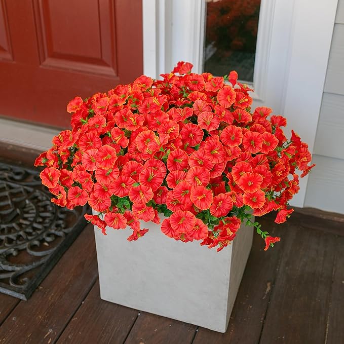 Artificial Flowers Fake Plants for Outdoors Decoration, 12 Bundles Orange Silk Morning Glory with Eucalyptus Realistic UV Resistant Faux Flowers Greenery for Outside Planter Yard Garden Home Indoor