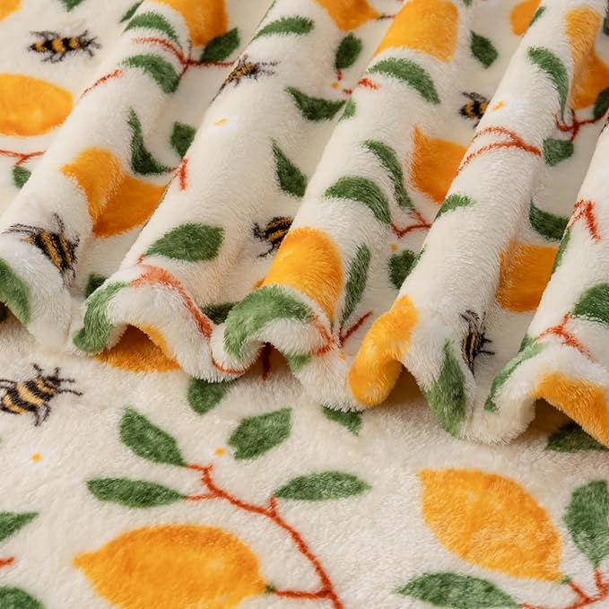 Berkshire Blanket-Classic Heavyweight Soft Printed VelvetLoft® Plush Warm Blanket, Twin Size Soft Fuzzy Blanket for Couch Sofa Bed, Lemons and Bees Yellow, 60in x 90in