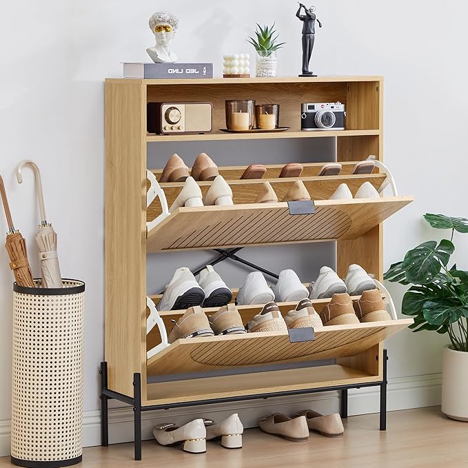 47" Fluted Large Shoe Cabinet with 4 Flip Drawers, Slim Freestanding Shoe Cabinet Organizer, Narrow Shoes Storage Rack for Entryway, 5 Sturdy Legs (All Natural-2 drawers, 9.45"D x 31.5"W x 41.93"H)