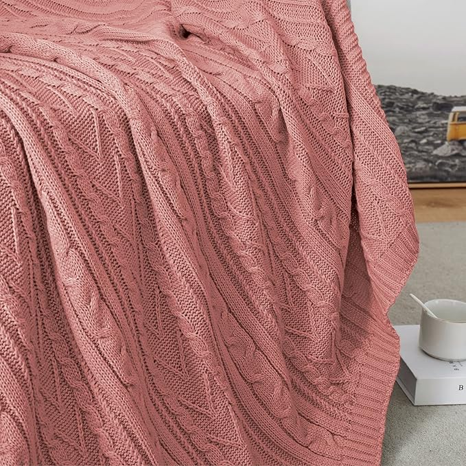 Aormenzy Dusty Pink Cable Knit Throw Blankets for Couch Bed Sofa, Acrylic Knitted Blanket, Soft Cozy Throw Blanket, 50" x 60"
