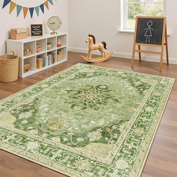 Area Rugs 4'x6' Washable Non-Slip, Floral Vintage Distress Print Pattern Medallion Carpet for Living Room Bedroom Dining Room, Sage Green Yellow
