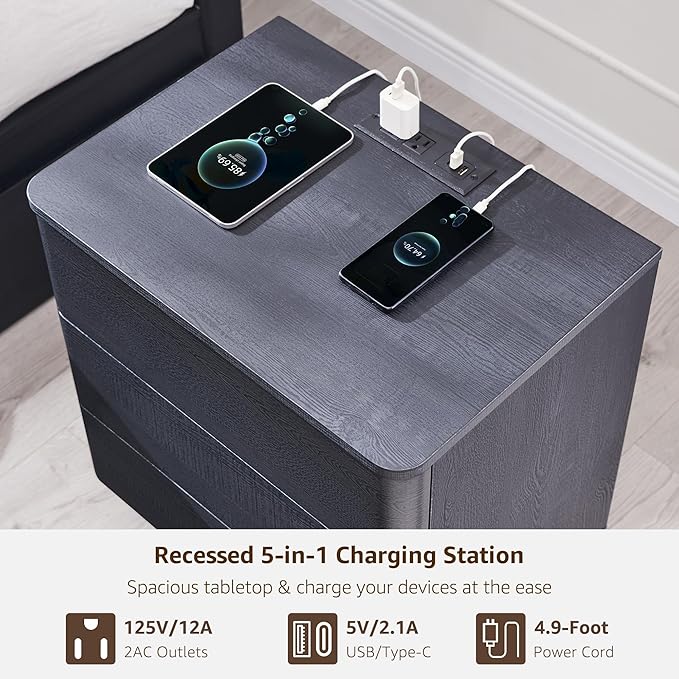 ACCOHOHO 22" Modern Nightstand Set of 2 with Charging Station, Push-to-Open Handleless 3-Drawer Bedside Table, Large End Table with Storage, Night Stand for Bedroom, Living Room, Curved Profile, Black