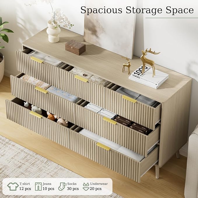 LYNSOM Fluted Dresser and Nightstand Sets 3 Piece, 7-Drawers Dresser and 1-Drawer Nightstands Set of 2, Wood Bedroom Furniture Set for Home, Bedroom, Hallway, Beige