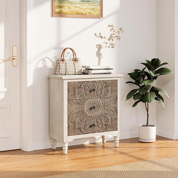 COSIEST 3 Drawers Nightstand Set of 2, Accent Dresser, 29'' Tall Wood Vintage Small Accent Chest, Bedside Table,Bedroom Furniture for Home, Entryway (Lotus Pattern)