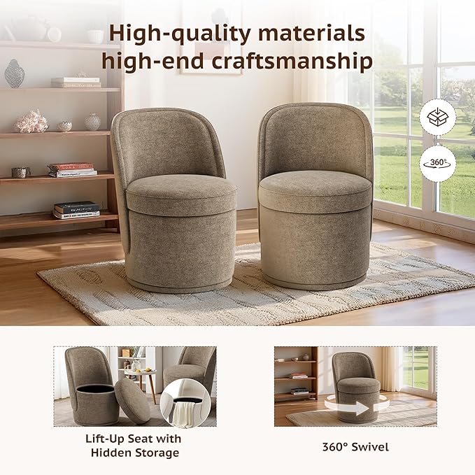 Swivel Accent Chair Set of 2, 360° Swivel Round Chair with Hidden Storage, Vanity Chairs, Modern Small Barrel Armchair for Living Room/Bedroom, Brown
