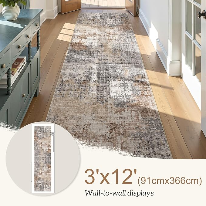 Washable Runner Rug for Hallway: 3x12 Neutral Modern Abstract Low Pile Area Rug with Non-Slip Backing - Carpet for Bedroom Kitchen Laundry Entryway Bathroom Indoor - Grey Brown