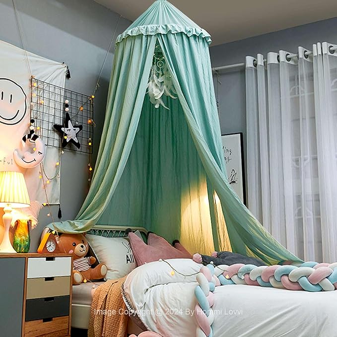 Bed Canopy for Girls, Dreamy Frills Ceiling Hanging Princess Canopy Bedroom Decoration Soft Canopy Net Reading Nook, Extra Large Full Queen Size Bed Canopies - Green