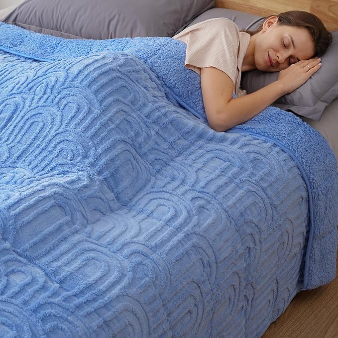 Sherpa Fleece Adult Weighted Blanket Great for Sleep, 15 lbs Dual Sided Soft Fuzzy Heavy Blankets for Couch Bed Sofa, Cozy Warm Fluffy Arched Jacquard Throw for Winter (Blue, 48" x 72", 15 Pounds)