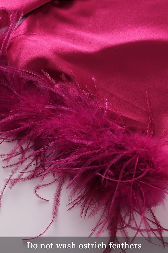 PRODESIGN Satin Kimono Robe Long Silky Bathrobe with Ostrich Feather Trim Sleepwear Wedding Bridesmaid Dressing Gown