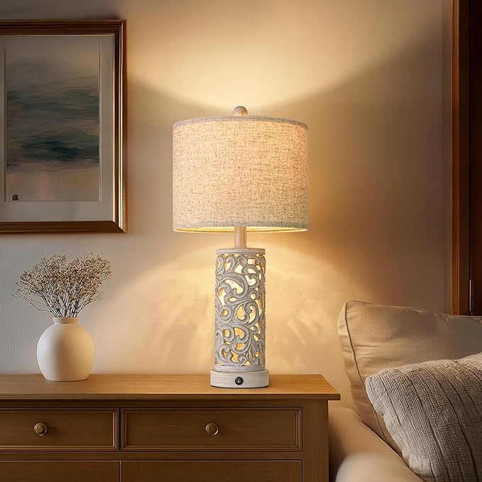 OYEARS Bedside Table Lamps Set of 2 with USB & Night Light, 22'' Farmhouse Bedroom Lamps for Nightstand, Vintage Table Lamps for Bedroom Living Room Home Offce (Bulb Included)