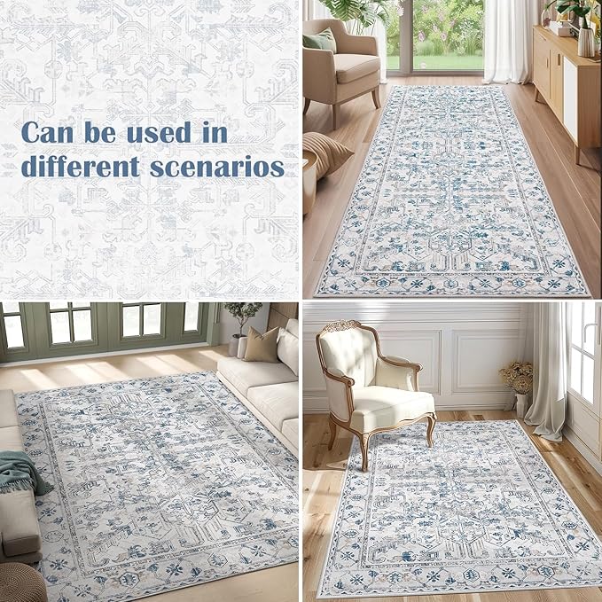 jinchan Lima Kitchen Runner Rug 3x8 - Vintage Floral Machine Washable Non-Slip Hallway Runner Rug with Rubber Backing Ultra-Thin Carpet for Bedroom Laundry Room Farmhouse (3x8ft, Blue)
