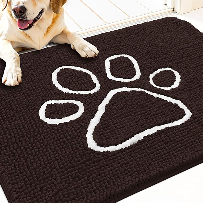 OLANLY Dog Door Mat for Muddy Paws 32x20, Paw Print Design, Absorbs Moisture and Dirt, Absorbent Non-Slip Washable Doormat, Quick Dry Chenille Mud Mat for Dogs, Entry Indoor Entryway Carpet, Brown