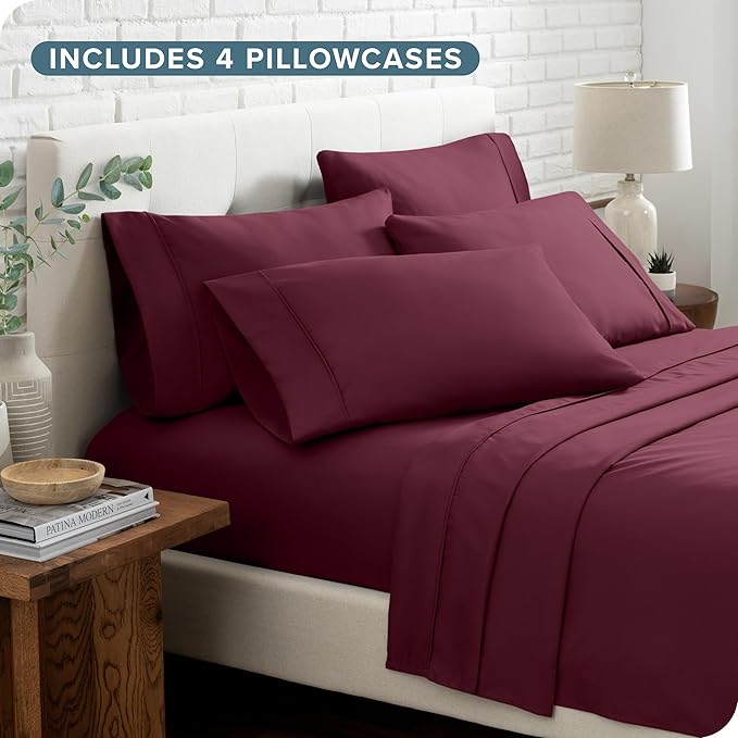 Bare Home Hotel Luxury Queen Sheet Set, Extra Soft - 6 Piece Set - Deep Pockets - Easy Fit - Cooling & Breathable - Wrinkle, Fade, Stain Resistant - Includes 4 Pillowcases (Queen, Burgundy)