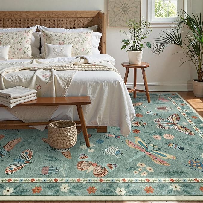 Lahome Insect 9x12 Area Rugs for Living Room Bedroom, Soft Washable Rugs 9x12 Stain Resistant, Ultra-Thin Non-Slip Non-Shedding Accent Carpet for Dining Room Office, Green