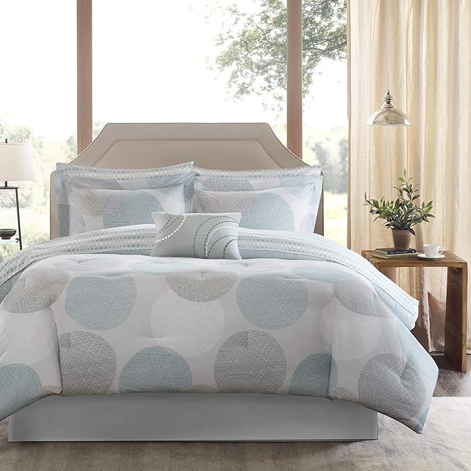 Madison Park Essentials Bed in a Bag Comforter, Vibrant Color Design All Season Down Alternative Cover with Complete Cotton Sheet Set, Cal King(104"x92"), Knowles, Circular Aqua, 9 Piece