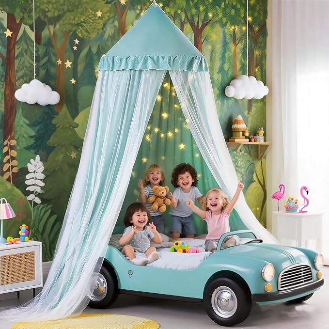 Kertnic 31.5inch Large Dome Bed Canopy for Girls, Double Layer Dreamy Ruffle Princess Canopy, Bedroom Hanging Tent Kids Reading Nook Canopies,Full Queen Bed Canopy Curtain (Green)