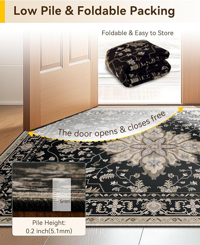 Area Rugs 2'x5' Washable Non-Slip, Floral Vintage Distress Print Pattern Medallion Carpet for Living Room Bedroom Dining Room, Black Brown Neutral Dark Tan