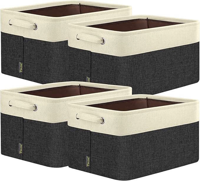 BALEINE Fabric Storage Bins for Shelves, Linen Storage Baskets for Organizing, Decorative Closet Storage Bins for Clothes, Toys, Home Storage (Black, 4 Pack)