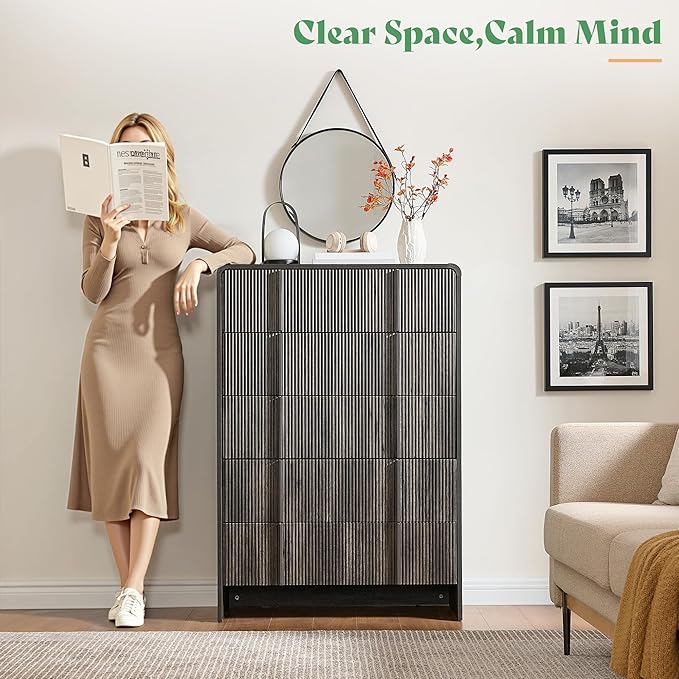 AMERLIFE Fluted 5 Drawer Dresser, 48" Tall Modern Chest of Drawers with Pine Handles, Rounded Corners & Anti-Tip Design, Wood Drawer Organizer for Bedroom, Living Room, Hallway, Black