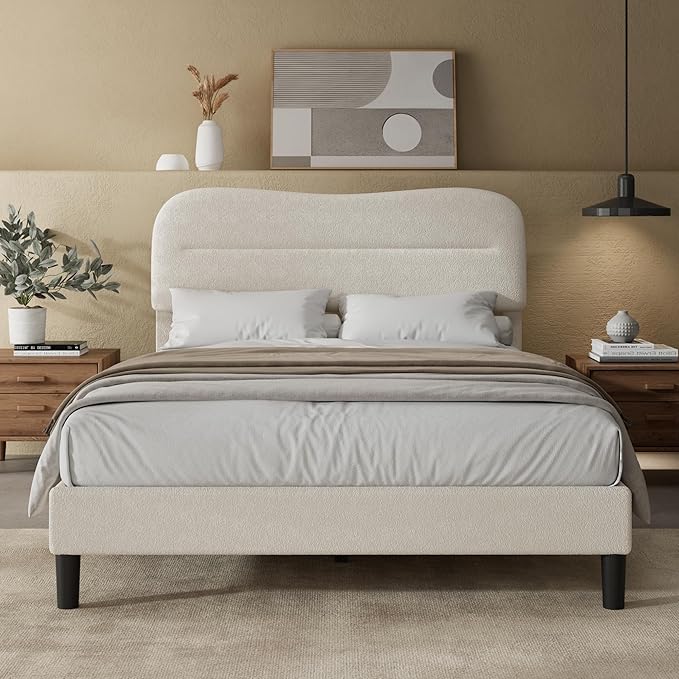Full Size Bed Frame with Headboard, Teddy Soft Boucle Fabric Bed Frame Full, Soft Cloud Marshmallow Shape Upholstered Headboard, No Box Spring Needed, Noise Free (White)