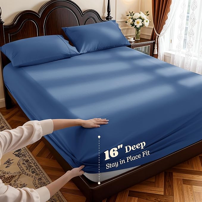 LBRO2M 1000 Thread Count 100% Cotton Sheets Set,King Size Bed Sheet 4 Piece Sets,Long Staple,16 Inches Deep Pocket,All Season,Bedding Super Soft Comforterble Breathable,Sateen (Navy Blue)