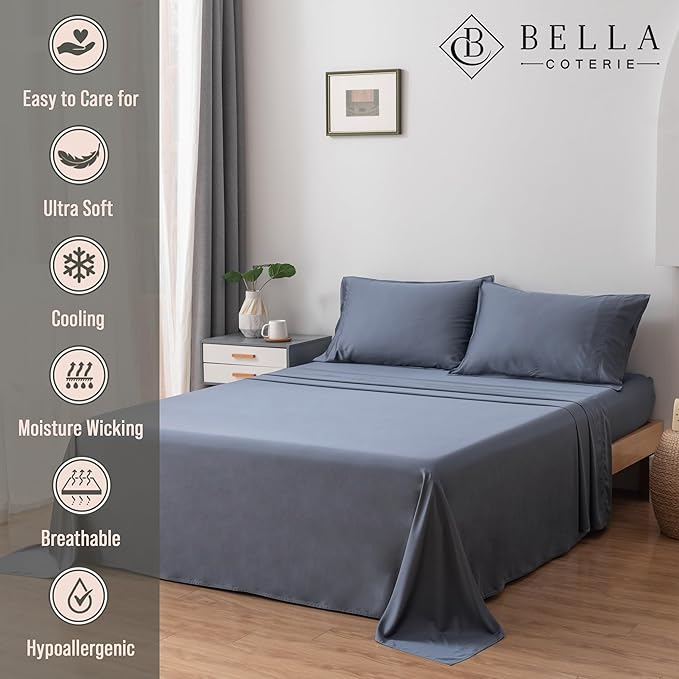 Bella Coterie Luxury Bamboo Viscose Full Size Sheet Set | 100% Organically Grown | Ultra Soft | Cooling for Hot Sleepers | 18" Deep Pocket [Slate Blue]