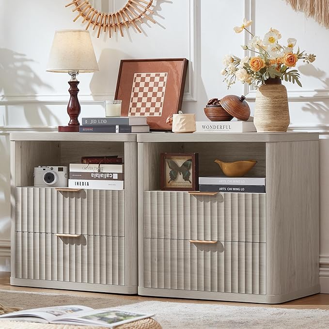 LEYAOYAO Fluted Farmhouse Nightstand Set of 2 with Charging Station, 23" Wide 2 Drawers Night Stand,LightGrey Dresser for Bedroom,Bed Side Table Chest of Drawers,Wood End Table for Living Room