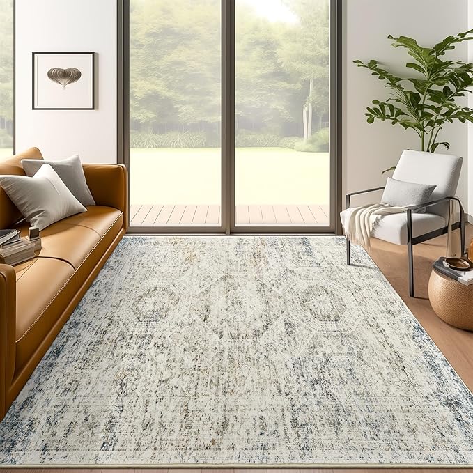 5x7 Area Rugs Blue Ivory Low Pile Indoor Washable Trendy Faded Style Rugs for Bedroom Living Room Dining Room Foldable Non-Slip Thin Print Mat