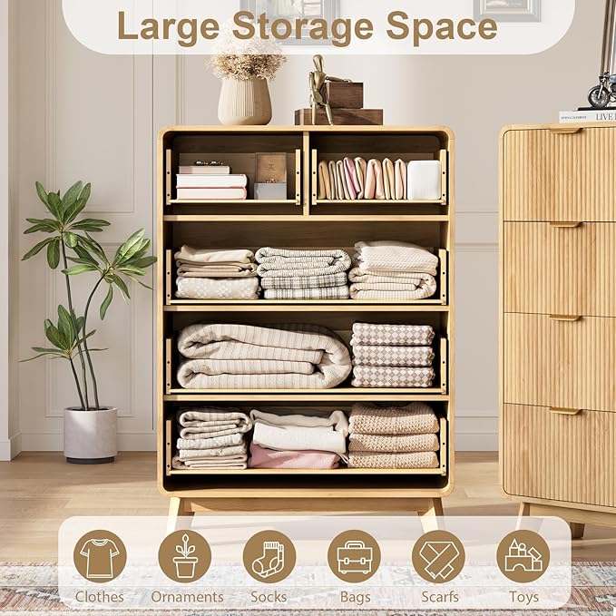QUW Fluted Dresser for Bedroom with 5 Drawers, Modern 40.2" Tall Drawer Dressers with Metal Handle, Wooden Chest of Dresser for Living Room, Hallway, Natural Oak