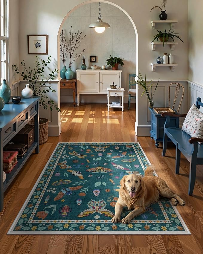 Lahome Insect Washable Small Area Rug, 3x5 Area Rug for Bedroom Living Room, Non-Slip Soft Accent Throw Carpet for Kitchen Office Entryway Bathroom Office, Dark Green