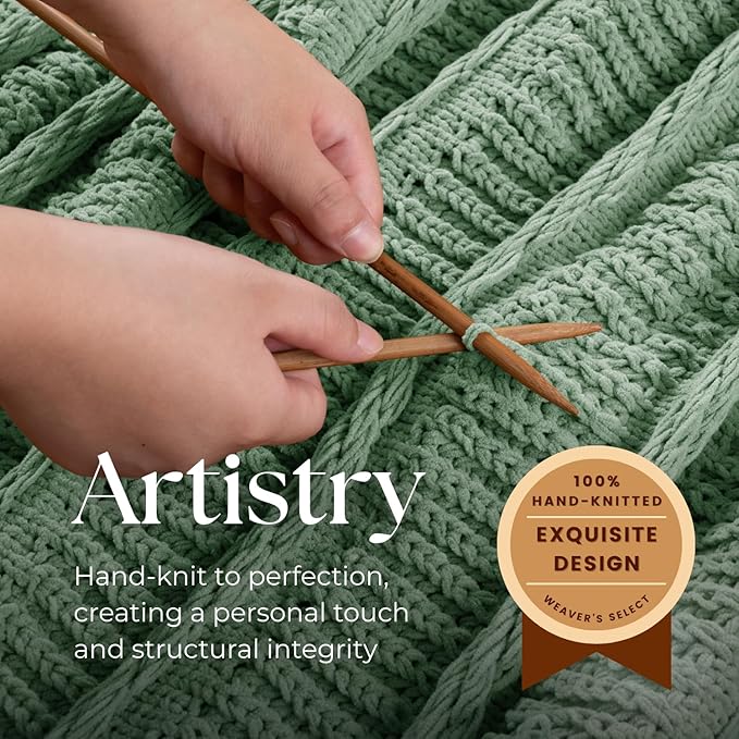 Boho Knitted Chenille Blanket with Tassels - Lightweight & Soft All-Season Throw - 3D Classic Pattern for Living Room Bedroom Couch, Sage Green, Twin 60"x80"