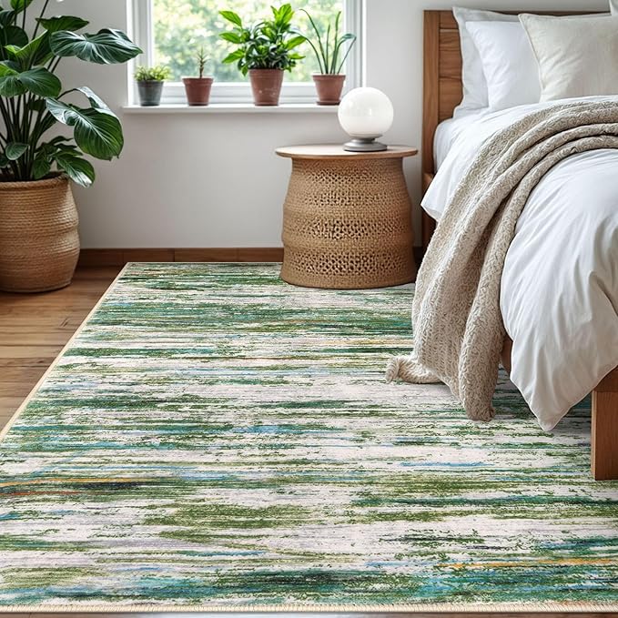 5x7 Modern Abstract Area Rug for Bedroom, Green Grey Multi Large Green Grey Multi Super Soft Washable Rug, Non-Slip Non-Shedding Rugs for Living Room, Indoor Door Mat for Nursery Home Décor