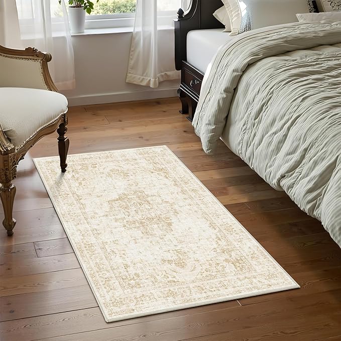 2x3 Vintage Washable Area Rugs for Entryway Soft Non-Slip Bath Mat Boho Medallion Distressed Retro Accent Carpet Floral Low Pile Indoor Throw Rug for Kitchen Laundry Living Room Bedroom, Beige