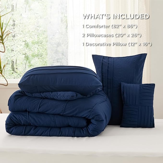 Bedsure Full Comforter Set - 4 Pieces Pinch Pleat Bed Set, Navy Blue Boho Bedding for All Season, 1 Soft Comforter, 2 Pillowcases, 1 Decorative Pillow