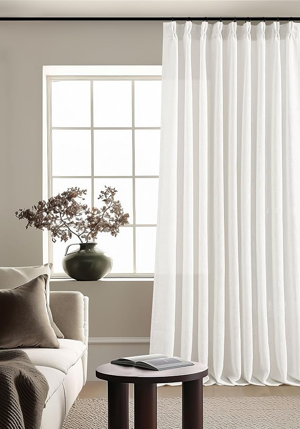 Pinch Pleated Linen 120 Inch Curtains 60 Inch Width for Living Room Light Filtering Ivory Beige White Extra Wide Patio Curtains for Sliding Door Balcony Floor Ceiling Picture Window 60x120 1 Panel