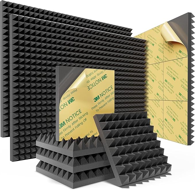 Sonicism Sound Proof Foam Panels for walls Self-Adhesive 30 Pack Pyramid 12" X 12" X 2" Acoustic Panels 35kg/m³High Density,Soundproof Wall Panels Fast Expand,Sound Absorption and Decoration,Black