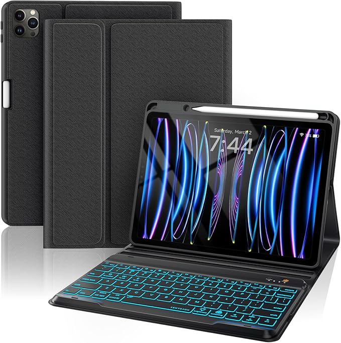 Keyboard Case for iPad Air 5th/4th Pro 11 inch, 7-Color Backlit Detachable Wireless Keyboard Case with Pencil Holder, Stand Folio Cover for Gen 2020/2022, Pro 4th/3rd/2nd/1st Gen, Black