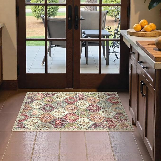 Lahome Washable Entryway Rug, 2x4 Kitchen Rugs for Entryway Bathroom, Non-Slip Indoor Door Mat Ultra-Thin, Small Oriental Throw Carpet for Bedroom Entry, Orange/Terracotta