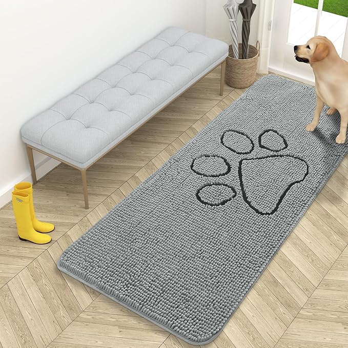 OLANLY Dog Door Mat for Muddy Paws 59x24, Paw Print Design, Absorbs Moisture and Dirt, Absorbent Non-Slip Washable Doormat, Quick Dry Chenille Mud Mat for Dogs, Entry Indoor Entryway Carpet, Grey