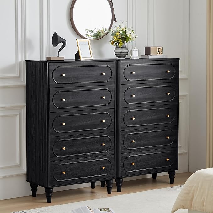 ORRD 5 Drawer Fluted Dresser for Bedroom Set of 2, Mid Century Modern Chest of Drawers, Wood Storage Large Dresser Organizer for Bedroom Living Room Hallway Closet, Black