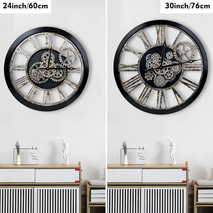 The B-Style Large Real Moving Gears Wall Clock 30 inch Rustic Retro Industrial Farmhouse Wood Clock Oversized Decorative Vintage Wall Clocks for Living Room (Black)