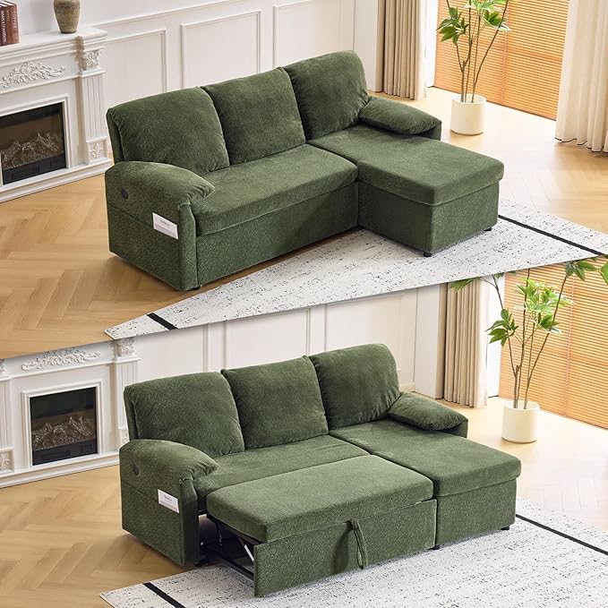 VINGLI Convertible Sofa Bed Couches for Living Room, Sleeper Sofa with Pull Out Couch Bed, Cloud-Like Plush Fleece L-Shape Sectional Couch with Storage Chaise, USB Charging, Side Pockets (Green)